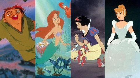 Filmstills, v.l.n.r.: "Der Glöckner von Notre Dame" (1996), "Arielle, die Meerjungfrau" (1989), "Schneewittchen und die 7 Zwerge" (1937), "Cinderella" (1950)