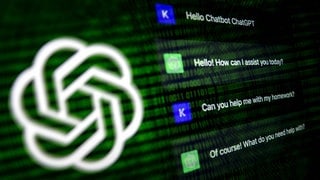 ChatGPT Logo und Dialog mit dem Chatbot. Der User fragt den Chatbot, ob er ihm bei den Hausaufgaben helfen kann. ChatGPT bejaht dies. 