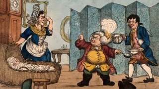 An episode in Tristram Shandy: Dr. Slop, with his wig on fire, angrily gesticulating to Susannah who holds her nose near the wounded baby Tristram Shandy. Coloured etching after H.W. Bunbury after L. Sterne.