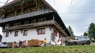 Albert mit Paketen und Jenny mit Schubkarre und Gänse an der hinteren Hofseite