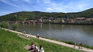 Personen genießen den warmen Fühlingstag auf einer Rasenfläche am Ufer des Neckars in Heidelberg, Baden Württemberg, Deutschland.
