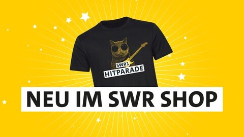 Die SWR1 Hitparaden-Katze auf einem schwarzen T-Shirt mit dem Schriftzug "Neu im SWR Shop"