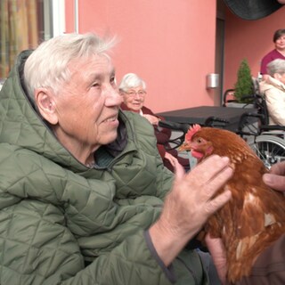 Eine Seniorin streichelt ein braunes Huhn. 
