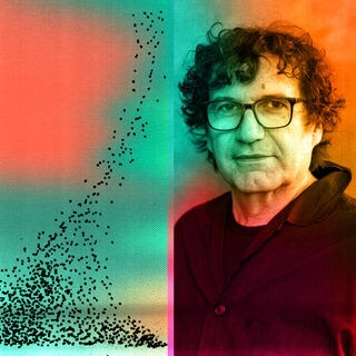 Der Autor Oswald Egger und eine der Grafiken des Autors zum Stück "Fialas Faust"