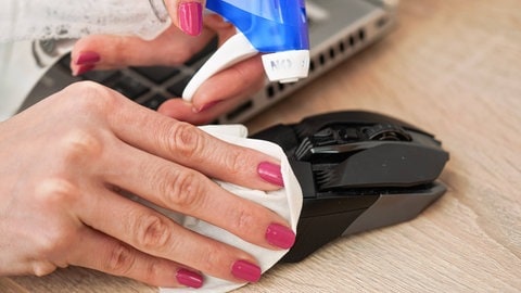 Jemand putzt eine Computermaus
