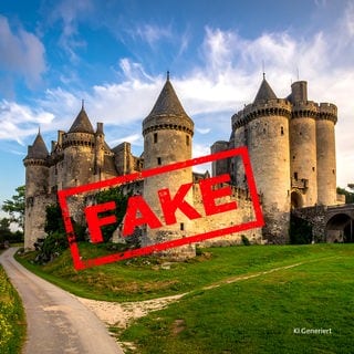 Eine Burg mit einem "Fake"-Stempel darauf