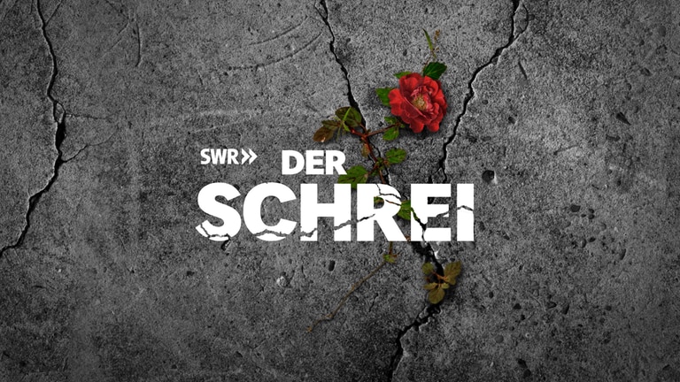 Der Schriftzug "Der Schrei" auf einem grauen, gerissenen Asphalt mit Blutspritzern (Cover steht für den SWR Podcast "Der Schrei - Der rätselhafte Fall des Rafael Blumenstock")