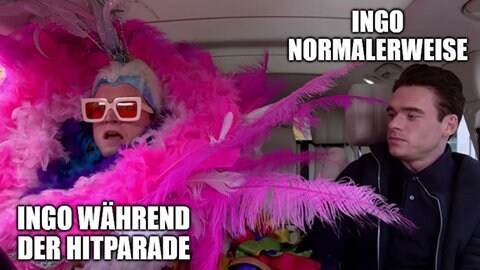Meme von Ingo als Elton John im pinken Kostüm im Auto 