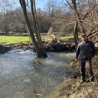Am Fischbach bei Herrstein hat das Totholz eine Art natürlichen Staudamm geschaffen. Landwirt Tobias Brunk wünscht sich, dass er beseitigt wird.