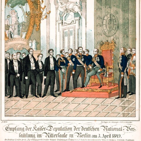 Die Kaiserdeputation der Frankfurter Nationalversammlung trägt am 3. April 1849 unter Führung von Eduard Simson König Friedrich Wilhelm IV. von Preußen die Würde eines Kaisers der Deutschen an. Der leht empört ab. (Zeitgenössischer Holzstich, koloriert. Neuruppiner Bilderbogen)