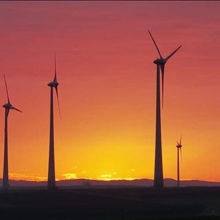 Windräder auf einem Feld bei Sonnenuntergang