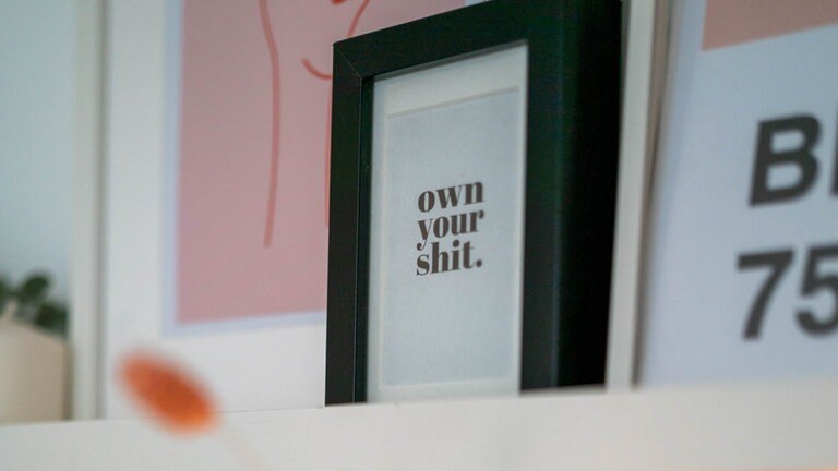Auf einem eingerahmten Bild steht „own your shit”