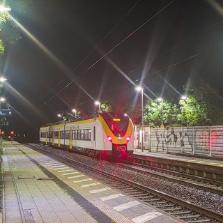 Ein Zug steht nach einem Notfall am Bahnof in Ettlingen-Bruchhausen. Kurz vor dem Bahnhof ist ein Sicherheitsmitarbeiter der Deutschen Bahn bei einer gewaltsamen Auseinandersetzung aus einem fahrenden Zug gestürzt und lebensgefährlich verletzt worden. Zu dem Streit war es am Freitagabend während einer Ticket-Kontrolle auf der Strecke von Offenburg nach Karlsruhe gekommen.