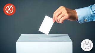 Eine Hand mit einem Zettel über einer Box mit einem Schlitz. Der Zettel soll in den Schlitz. Das Bild soll einen Stimmzettel bei einer Wahl zeigen. Rechts das SWR Logo für Leichte Sprache. Links ein weißes Kreuz in einem roten Kreis - ein Symbol für Wahl.  