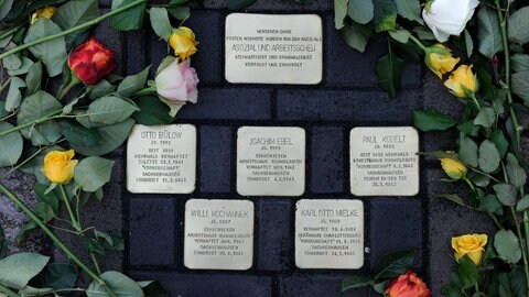 Rosen auf Stolpersteinen für Wohnungslose am Berliner Alexanderplatz. Das Projekt des Künstlers Gunter Demnig erinnert u.a. an Menschen, die zwischen 1933 und 1945 von den Nationalsozialisten als "asozial" verfolgt wurden. Der Alexanderplatz war in den 1930ern beliebter Aufenthaltsort für Wohnungslose. Hier befand sich das Restaurant Aschinger, das kostengünstiges Essen anbot.