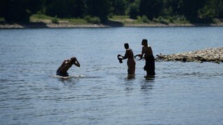 Badegäste genießen das heiße Frühsommerwetter im Wasser des Rheins