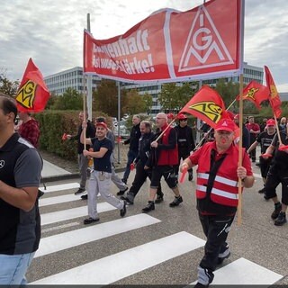Beschäftigte demonstrieren am Daimler Truck Werk in Wörth gegen Stellen- und Sozialabbau.