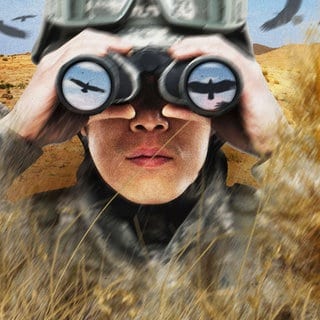 Ein US-amerikanischer Soldat beobachtet durch sein Fernglas Falken inmitten einer Wüstenlandschaft.