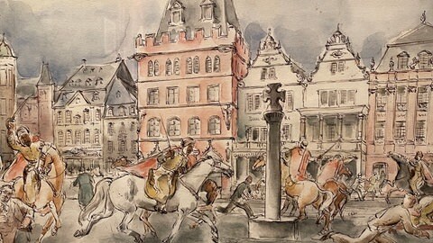 Aus Afrika stammende Mitglieder des Spahi Regiments auf dem Trierer Hauptmarkt. Ein Aquarell von Peter Krisam aus dem Jahr 1923