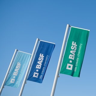 Fahnen wehen am BASF Werk in Ludwigshafen