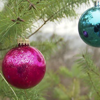 An einer Tanne im freien hängen zwei Christbaumkugeln