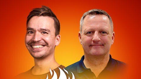 Andreas Lisson und Bob Blume auf dem Podcast-Cover von "Die Schule brennt – Mit Bob Blume"