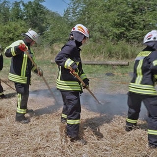 Feuerwehrleute bei einer Brandübung im Hochsommer