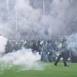 Polizisten stehen vor dem Fanblock des SV Waldhof Mannheim. Beim Pokalspiel Waldhof Mannheim gegen den 1. FC Kaiserslautern gab es dutzende Leichtverletzte.