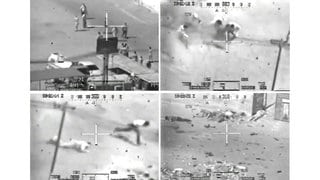 Sequenz von links oben nach rechts unten zeigt den tödlichen Angriff eines US-Kampfhubschraubers auf Zivilisten und zwei irakische Mitarbeiter der Nachrichtenagentur Reuters in Bagdad am 12. Juli 2007. Die in dem Webportal Wikileaks 2010 veröffentlichten dramatischen Aufnahme der Bordkamera zeigen, wie der Apache-Helikopter immer wieder auf Menschen am Boden feuert, sogar, als ein Kleinbus Verletzte von der Straße bergen will.
