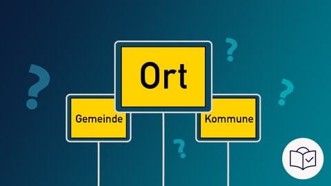 Das Bild ist eine Zeichnung. Das Thema ist: „Was ist ein Ort?“ Der Hintergrund ist dunkel•blau. Auf dem Hinter•grund sind viele Frage•zeichen. Man sieht ein großes Orts•schild. Auf dem Schild steht Ort. Dahinter ist ein kleines Orts•schild. Auf dem Schild steht: Gemeinde. Und noch ein kleines Orts•schild. Auf dem Schild steht: Kommune. Dazu: Das SWR-Zeichen für Leichte Sprache. Es ist ein weißer Kreis. Darin ist eine blaue Zeichnung: Ein Kopf hinter einem Buch. Auf dem Buch ist ein Häkchen. 