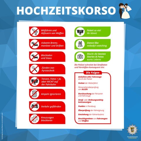Für einen Hochzeitskorso gibt es klare Regeln. Darauf weist die Polizei Ludwigsburg hin.