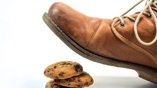 Herrenschuh tritt auf Cookies am Boden: "Auf den Keks gehen" – eine verbreitete Redewendung