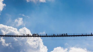 Die Hängeseilbrücke Geierlay im Hunsrück von unten gesehen: Sie feiert am 3. Oktober 2025 ihren zehnten Geburtstag und ist immer noch das touristische Highlight im Hunsrück.
