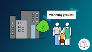 Das Bild ist eine Zeichnung. Das Thema ist: „Suche nach einer Wohnung“. Der Hintergrund ist dunkel•blau. Man sieht einen Mann und eine Frau und ein Kind. Über ihren Köpfen: Ein Zettel mit den Worten „Wohnung gesucht“. Dahinter: Mehrere Häuser und ein Baum. Dazu: Das SWR-Zeichen für Leichte Sprache. Es ist ein weißer Kreis. Darin ist eine blaue Zeichnung: Es ist ein Kopf hinter einem Buch. Auf dem Buch ist ein Häkchen.