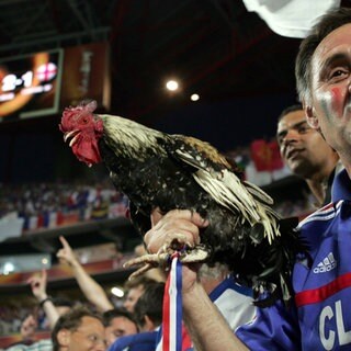 Frankreichs Fan-Original Clément d’Antibes feiert mit seinem gallischen Hahn im Stadion. Archivfoto von 2004.