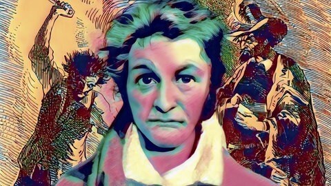 Farbige, digitale Bearbeitung von dem Schriftsteller E. T. A. Hoffmann und den Figuren aus seinem Werk "Meister Floh"