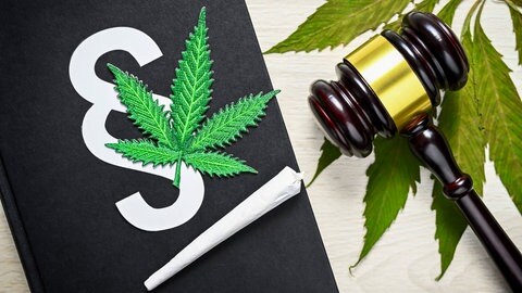 Ein Richterhammer liegt neben einem Joint und einem Maruhuana-Blatt. In Mainz stehte ein Mann wegen Mariuhana-Handels vor Gericht. Sein Fall wird wegen neuer Gesetzeslage noch einmal neu verhandelt. 