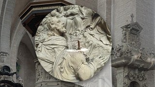Eine zerstörte Skulptur im Trierer Dom. Unbekannte haben der Figur den Kopf abgerissen.
