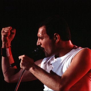 Freddie Mercury bei einem Konzert im Jahr 1986