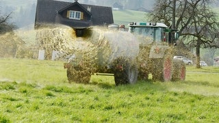 Traktor mit Jaucheanhänger sprüht ein Feld: Volkswirtschaftlich wäre es sinnvoll, Gülle in Biogasanlagen zu fahren und Biogas zu gewinnen. Allerdings werden die meisten Biogasanlagen mit Mais betrieben. Der bringt eine höhere Ausbeute an Gas.