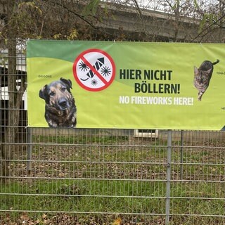 Ein Plakat mit der Aufschrift "Hier nicht böllern". Die Stadt Mainz will damit die Tiere im Tierheim an Silvester schützen.