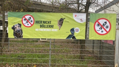 Ein Plakat mit der Aufschrift "Hier nicht böllern". Die Stadt Mainz will damit die Tiere im Tierheim an Silvester schützen.