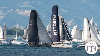 Das BIld zeigt Segel·boote auf dem Bodensee. Rechts das SWR Logo für Leichte Sprache. 