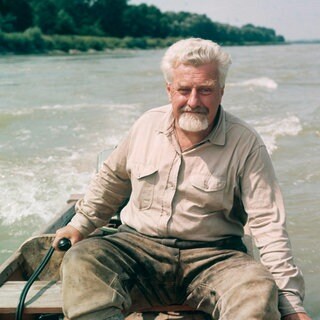 Der Verhaltensforscher und Nobelpreisträger Konrad Lorenz in einem Boot auf der Donau. Photographie, um 1970