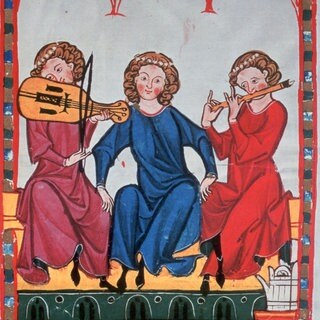 Miniatur "Der Kanzler" aus dem Codex Manesse, auch Heidelberger Liederhandschrift genannt. Der Grundstock des Codex wurde um 1300 in Zürich hergestellt. Zu sehen sind drei Personen – eine mit Streichinstrument, eine mit Flöte.