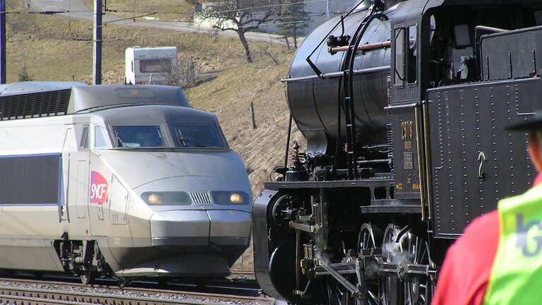 Plötzlich große Aufregung - alles muß einen großen Sicherheitsabstand einhalten, denn der TGV fährt vorbei.