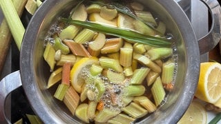 Grüne Rhabarberstücke kochen im Gewürzsud. Daraus lässt sich Rhabarbersirup selber machen und auch Rhabarber Trifle als Dessert.