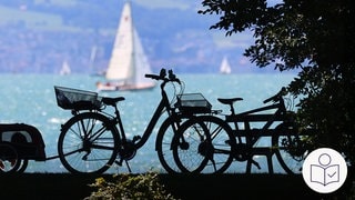 Ein Fahrrad mit einem Anhänger steht vor einem See. Im Hinter·grund fährt ein Segel·boot. Rechts das SWR Logo für Leichte Sprache. 