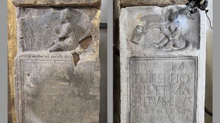 Zwei römische Grabsteine, die im Landesmuseum in Mainz restauriert werden