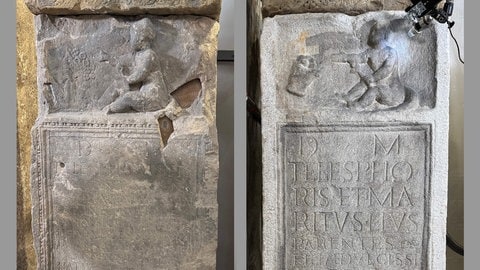 Zwei römische Grabsteine, die im Landesmuseum in Mainz restauriert werden